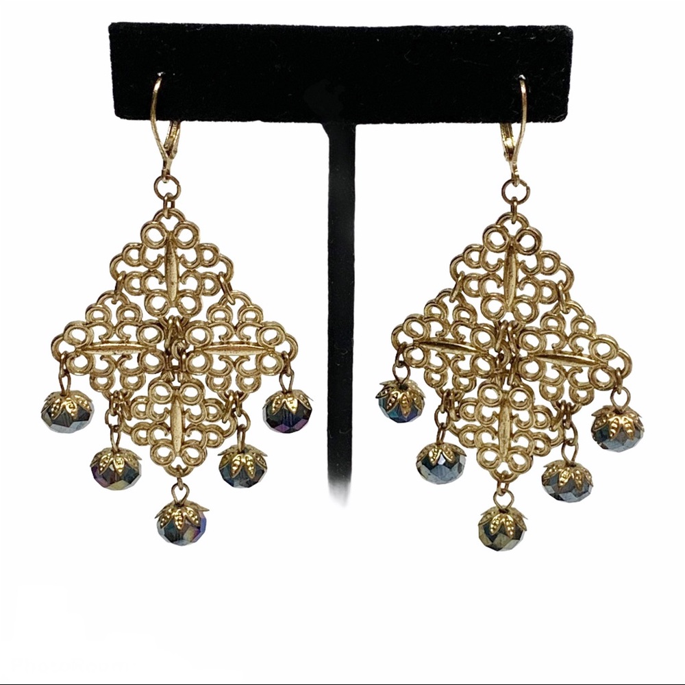 Gold tone articulated panel boho bohemian earrings iridescent glass bead large